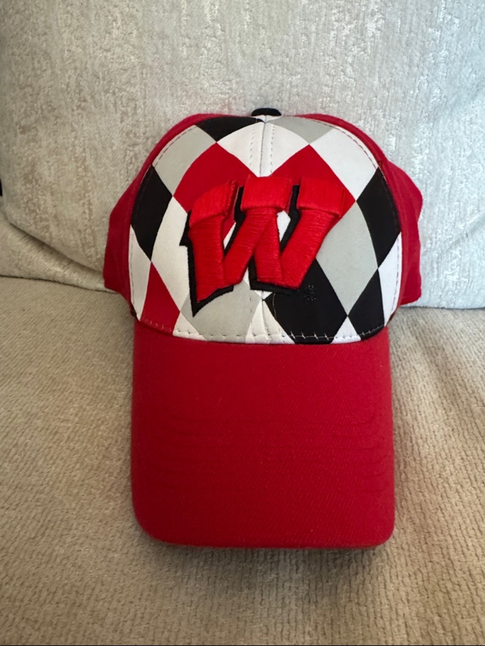Red Diamond Pattern Baseball Cap with Embroidered 'W'